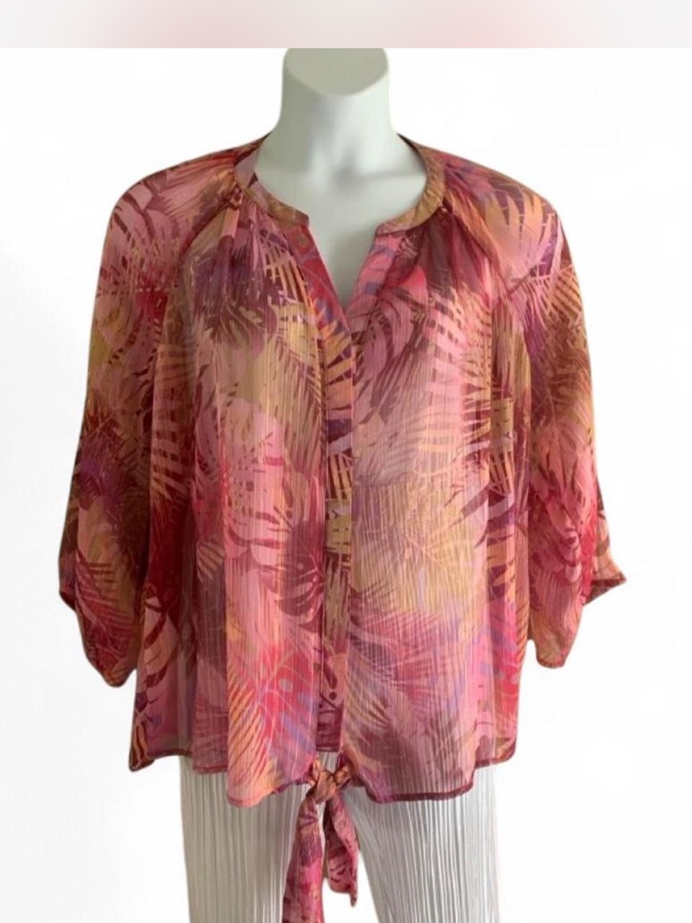 Cottagecore Metallic Jaclyn Smith Tropical Tie-Front Sheer Blouse size XL